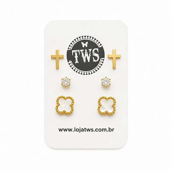 Kit de brincos trevo e cruz de aço inox banho ouro