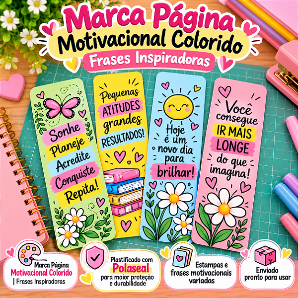Marca Página Motivacional Colorido Frases Inspiradoras plastificado com polaseal