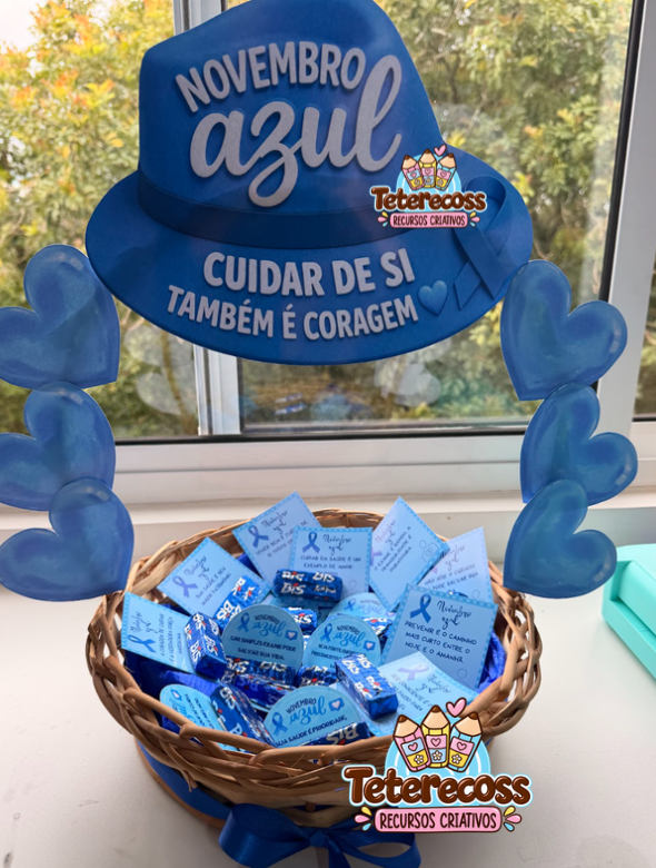 KIT LEMBRANCINHAS NOVEMBRO AZUL – 50 CARTÕES + BANNER PARA CESTA