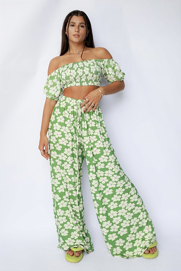 Pantalona Sem Fenda Floral Verde