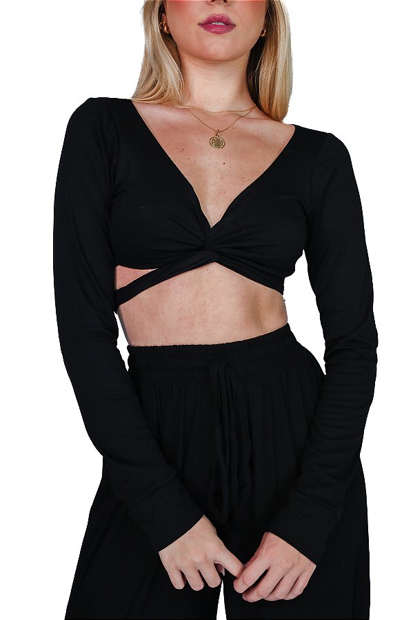 Top Transpassado Manga Longa Crepe Preto