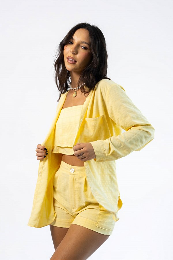 Camisa Praiana Crepe Textura Amarelo