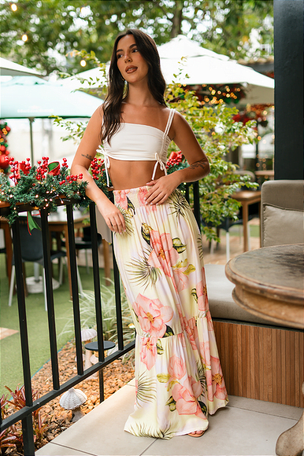 Saia Longa Lastex Babado Floral Neon