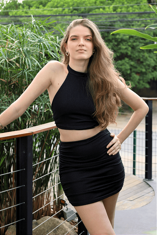 Mini Saia Drapeada Lurex Preto