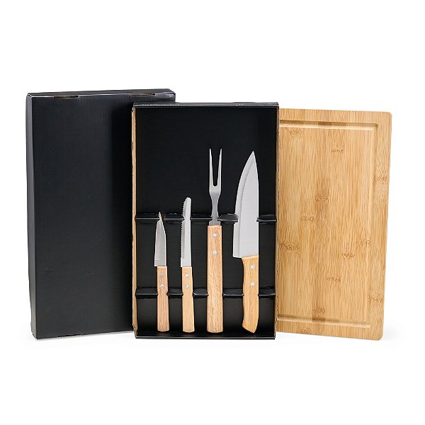 Kit Churrasco Personalizado 5 Peças com Tábua de Bambu