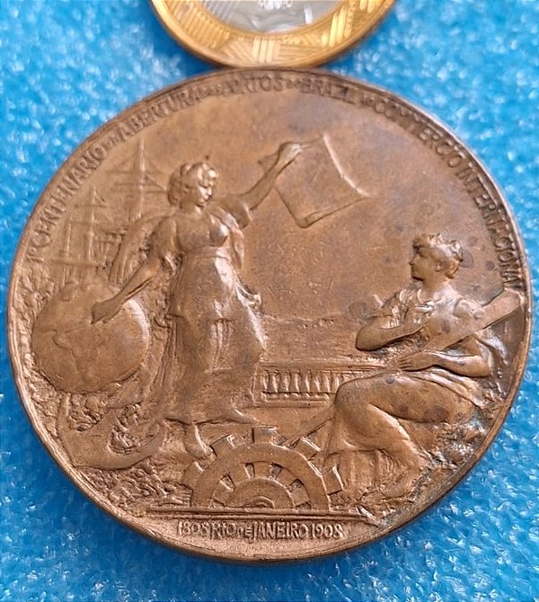 Medalha 1908 - 1º Centenário da Abertura dos Portos no Brasil ao Comércio Internacional
