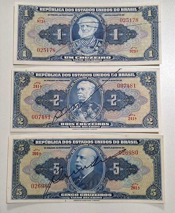 CÉDULAS DE 1, 2 E 5 CRUZEIROS - AUTOGRAFADAS E CHANCELADAS - 1ª ESTAMPA