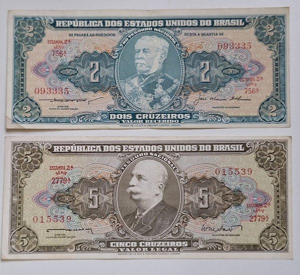 CÉDULAS DE 2 E 5 CRUZEIROS - AUTOGRAFADAS E CHANCELADAS - 2ª ESTAMPA (TLR)