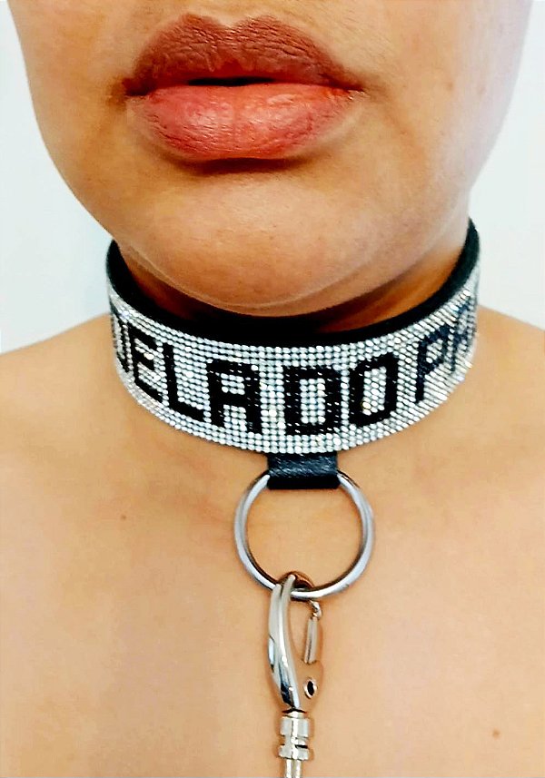 Coleira em Strass de vidro e Couro legitimo Personalizada Argola Baixa