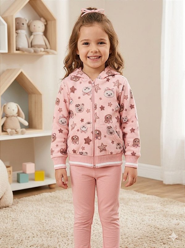 Conjunto Infantil Flanelado Ursinhos Rosa com Capuz A8139