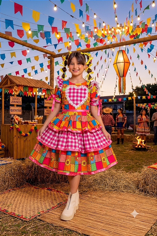 Vestido junino rosa xadrez