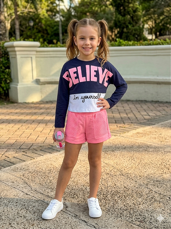 Conjunto Infantil Feminino Believe – Blusa Manga Longa e Short Neon j3858