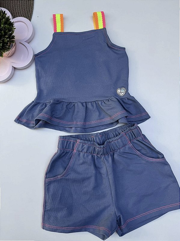 Conjunto Infantil Jeans Soft com Alças Coloridas- 013261320