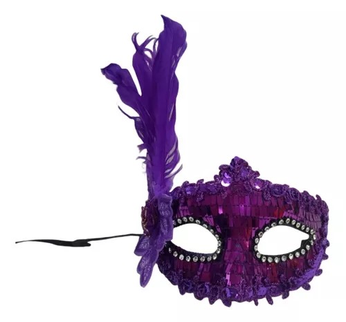 Máscara Veneziana Roxo Brilho Lantejoula Penas