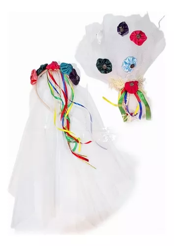Kit Noivinha Tiara Véu Buquê Fuxico Festa Junina Fantasias