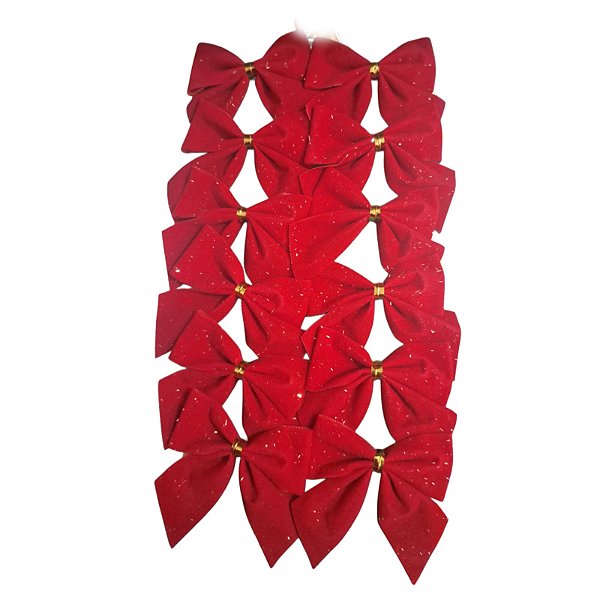 Enfeites 12 Laços Vermelho Fios Dourado Arvore Natal Luxo