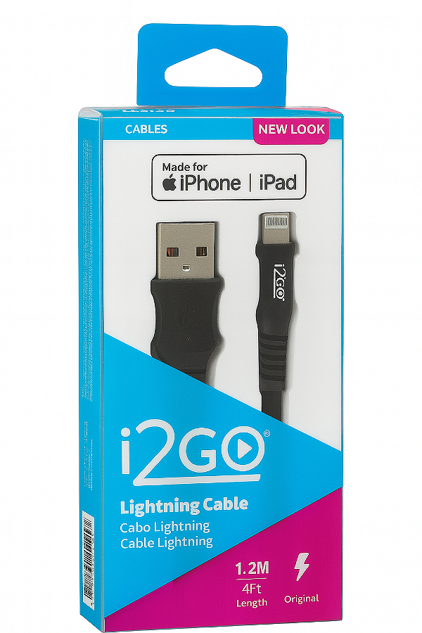 Cabo Lightning 1,2m 2,4A Flexível I2GO Homologado - Preto