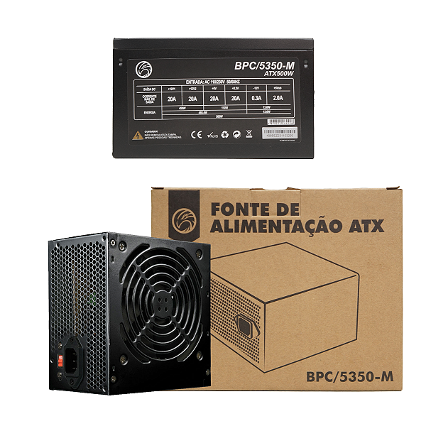 FONTE ATX 500W BRAZILPC BPC/5350B-M 12X12CM 24 PINOS COM CABO PRETO BOX (FONTE PRETA, FAN 12CM/CX PARDA)