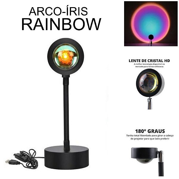Projetor Luz Arco-Íris Rainbow LED Luminária de Mesa USB
