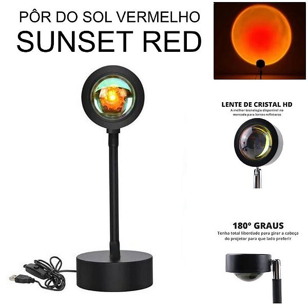 Projetor Luz Pôr do Sol Vermelho Sunset Red LED Luminária de Mesa USB