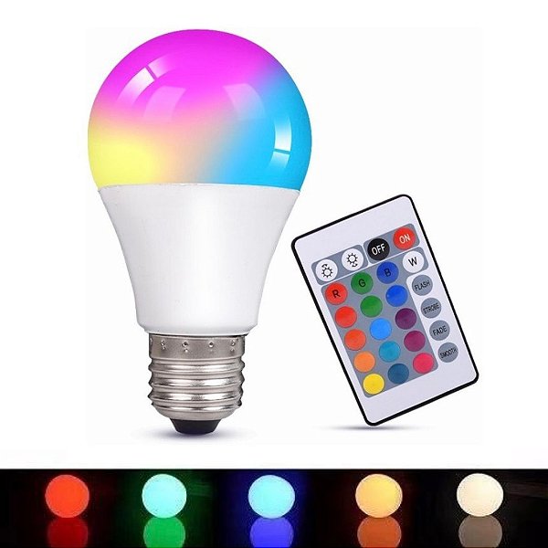 Lampada 10W LED Bulbo RGB Colorida Controle Remoto E27 Bivolt - Planet  Iluminação