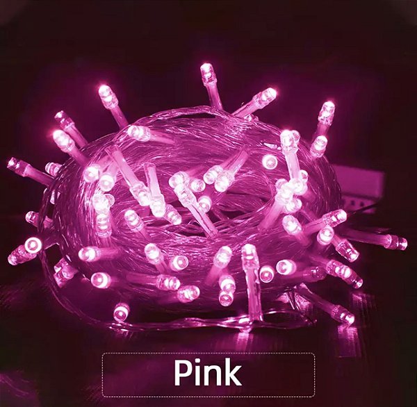 Pisca Pisca LED Natal 100 Lampadas Transparente 8 Efeitos 10 Metros Rosa 127V