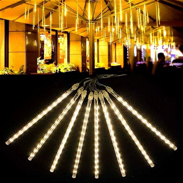 Tubo Chuva Meteoro LED Snowfall Branco Quente 50cm Impermeável Bivolt