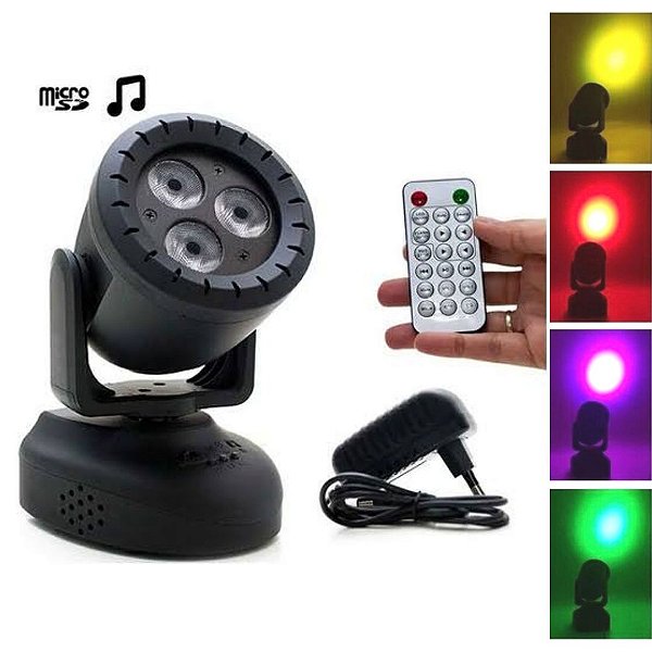 Mini Moving LED Strobo RGB 3 LED’s MP3 Micro SD Card USB Bivolt HL081