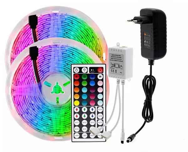 KIT 10 Metros Fita LED 5050 RGB Colorida 30 LED's 12V IP20 Controle 44 teclas Função DIY + Fonte 3A
