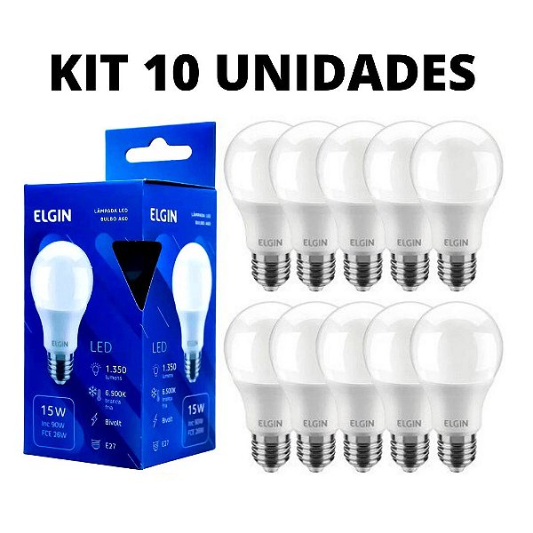 KIT 10 Lâmpada LED Bulbo 15W Elgin Branco Frio 6500K E27 Bivolt