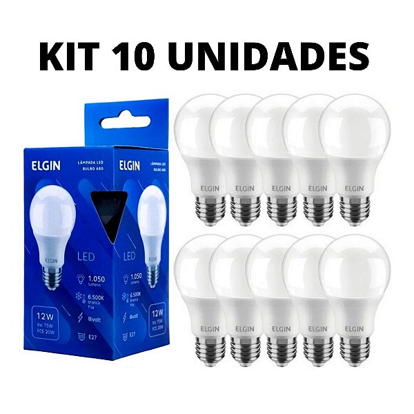 KIT 10 Lâmpada LED Bulbo 12W Elgin Branco Frio 6500K E27 Bivolt