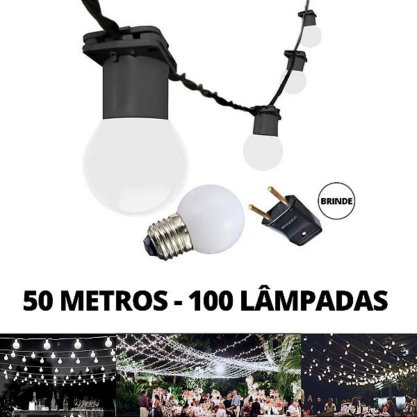 KIT Cordão Varal de Luz Festão 50 Metros com 100 Lâmpadas Branco Frio Bivolt