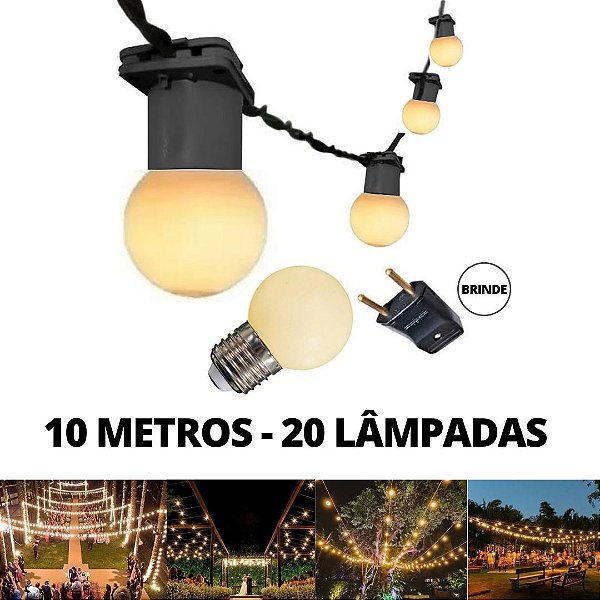 KIT Cordão Varal de Luz Festão 10 Metros com 20 Lâmpadas Branco Quente Bivolt