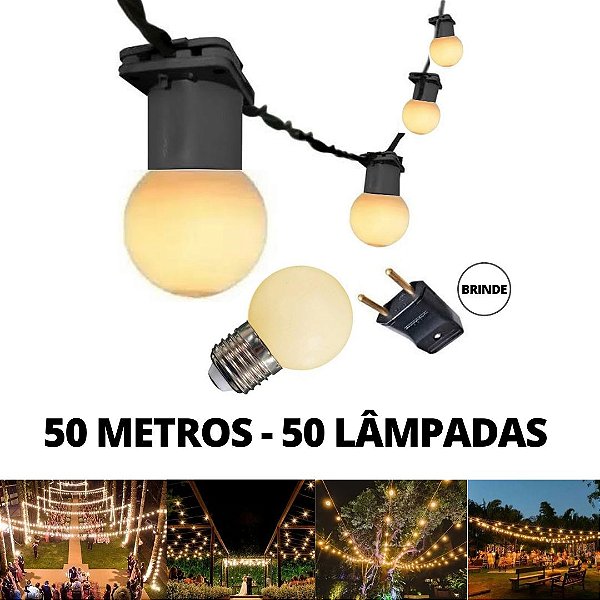 KIT Cordão Varal de Luz Festão 50 Metros com 50 Lâmpadas Branco Quente Bivolt