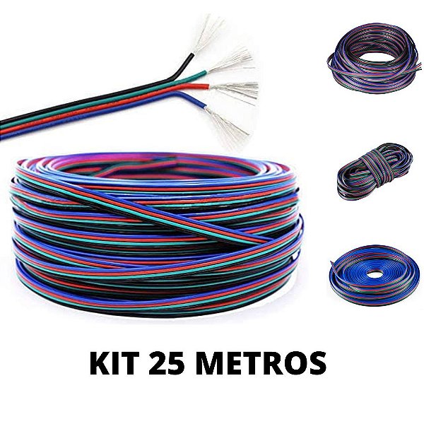 KIT 25 Metros Cabo Flat Polarizado RGB Fio 4 Vias 22AWG