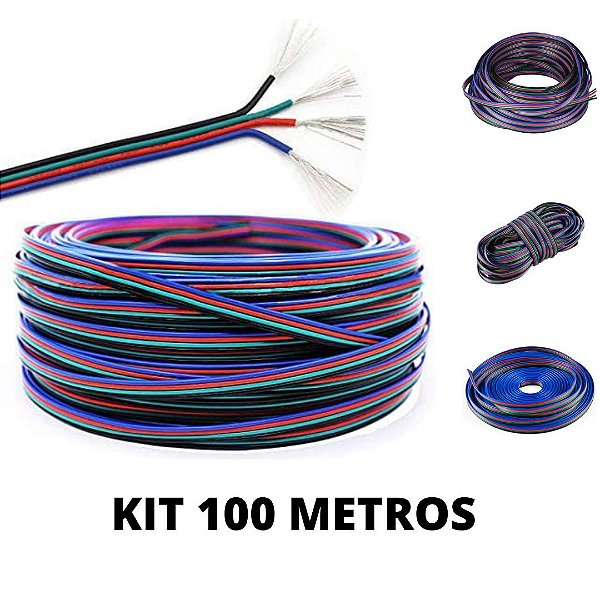 KIT 100 Metros Cabo Flat Polarizado RGB Fio 4 Vias 22AWG
