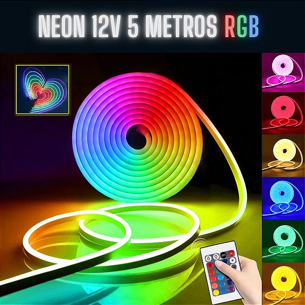 KIT Mangueira Fita LED Neon Flex 12V RGB 5 Metros IP67 + Fonte