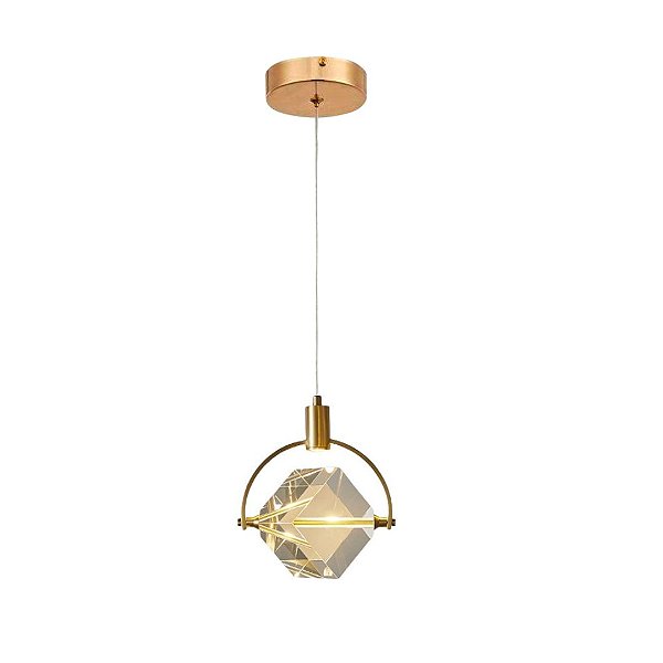 Lustre Pendente Cubo Cristal Dourado LED 5W 3000K Bivolt