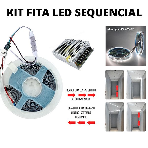 KIT Fita LED 3528 120 LED’s 5 Metros Sequencial 24V Branco Frio 6500K + Fonte 5A