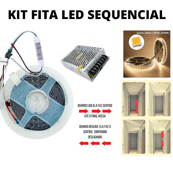 KIT Fita LED 3528 120 LED’s 5 Metros Sequencial 24V Branco Quente 3000K + Fonte 5A