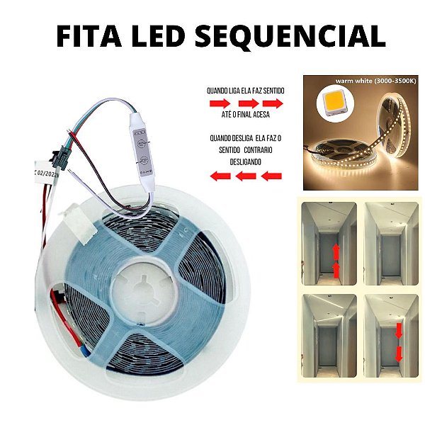 Fita LED 3528 120 LED’s 5 Metros Sequencial 24V Branco Quente 3000K
