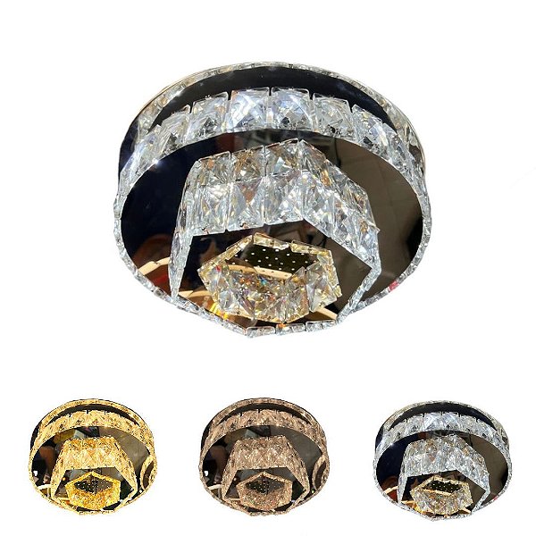 Lustre Plafon Cristal Sextavado Redondo Duplo LED 3 Cores Bivolt 3073/300
