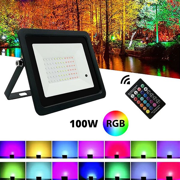 Refletor 100W LED SMD Slim Mini Holofote RGB Colorido IP67 Bivolt