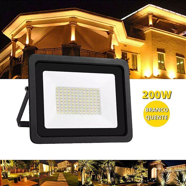 Refletor 200W LED SMD Slim Mini Holofote Branco Quente 3000K IP67 Bivolt