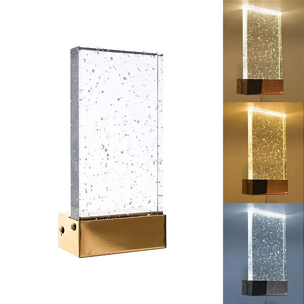Arandela LED 7w Cristal Retangular Dourado 3 Cores Bivolt AT8021