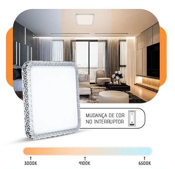 Lustre Plafon LED 24W Liso 33x33 Quadrado Acrílico Multicor Bivolt