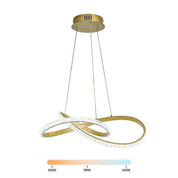 Lustre Pendente Moderno Infinity Cristal LED 36W Dourado Multicor Bivolt