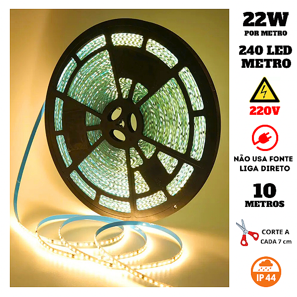 Fita 240 LED's 220V 10 Metros IP20 3528 22W 3000K Liga Direto