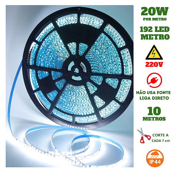 Fita 192 LED's 220V 10 Metros IP44 3528 18W 6500K Liga Direto
