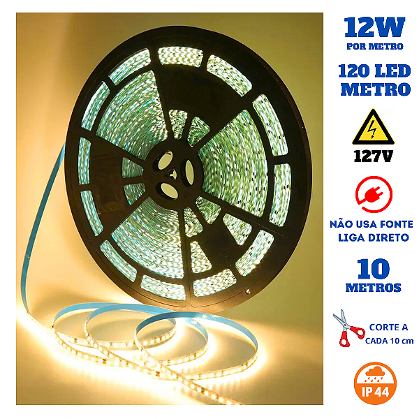 Fita 120 LED's 110V 10 Metros IP44 3528 12W 3000K Liga Direto